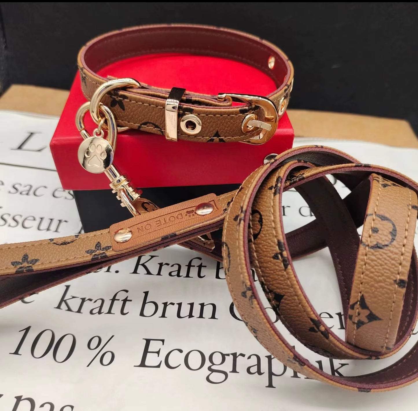 Chewy Viutton Leash and Collar Set -Light brown