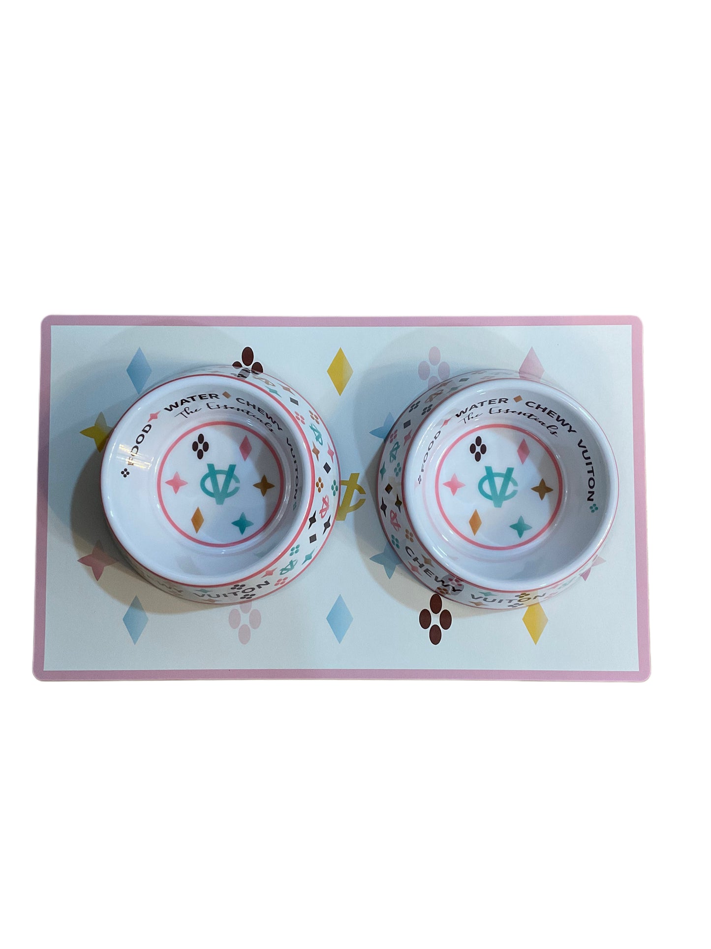 Chewy Vuiton Bowls & Mat - white