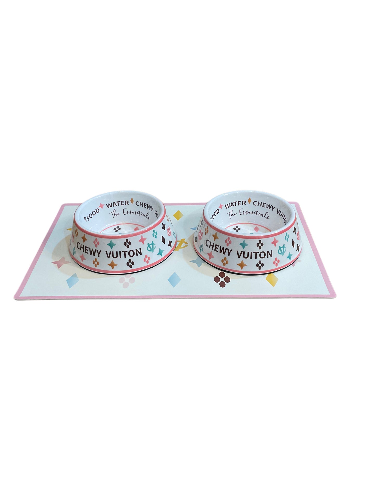 Chewy Vuiton Bowls & Mat - white