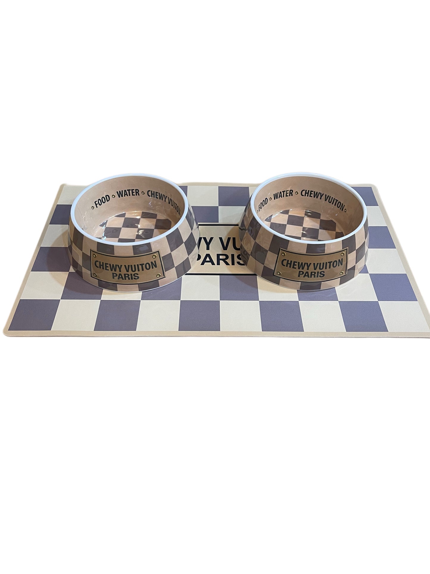 Chewy Vuiton Bowls & Mat - checkers
