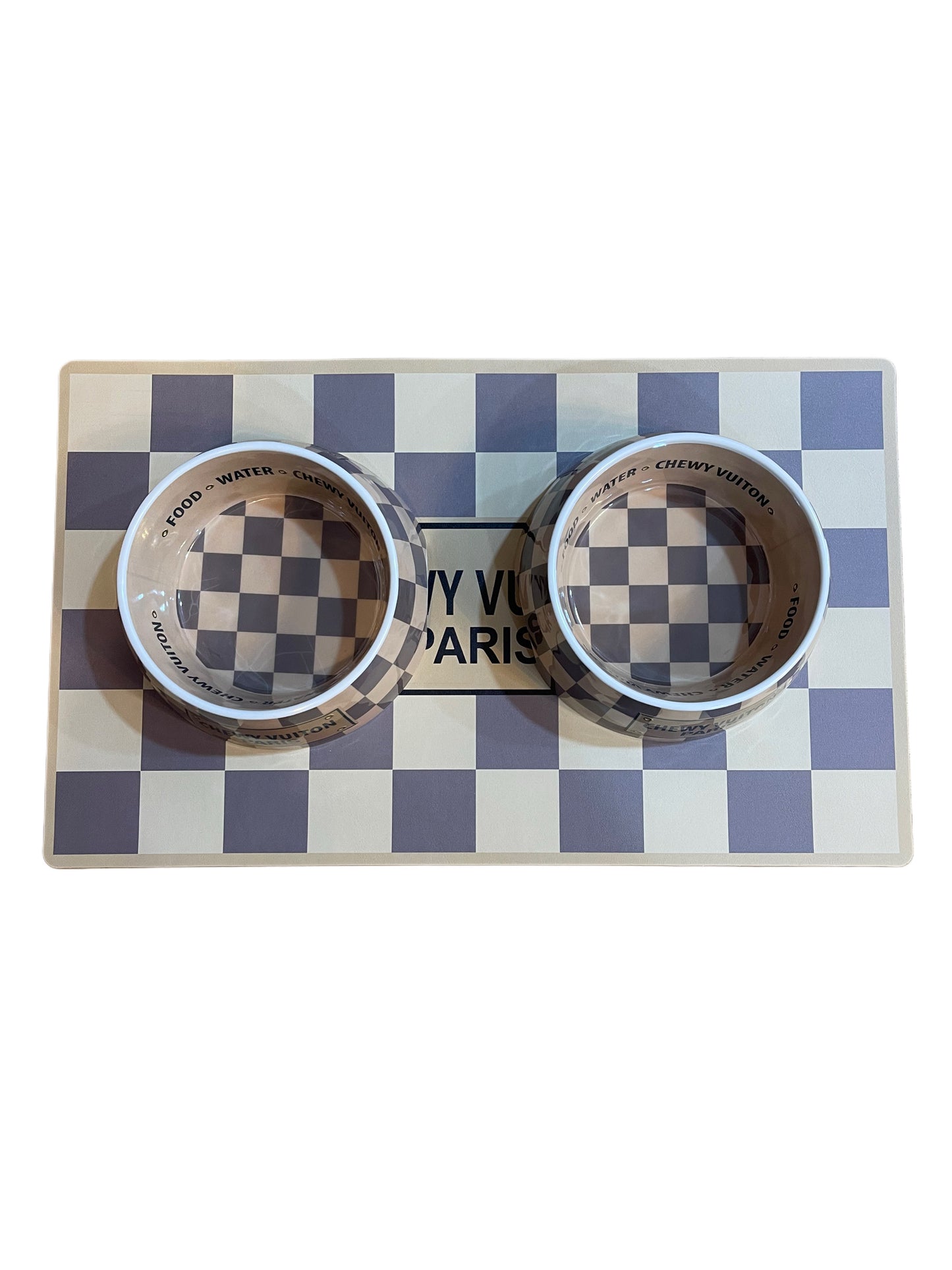 Chewy Vuiton Bowls & Mat - checkers